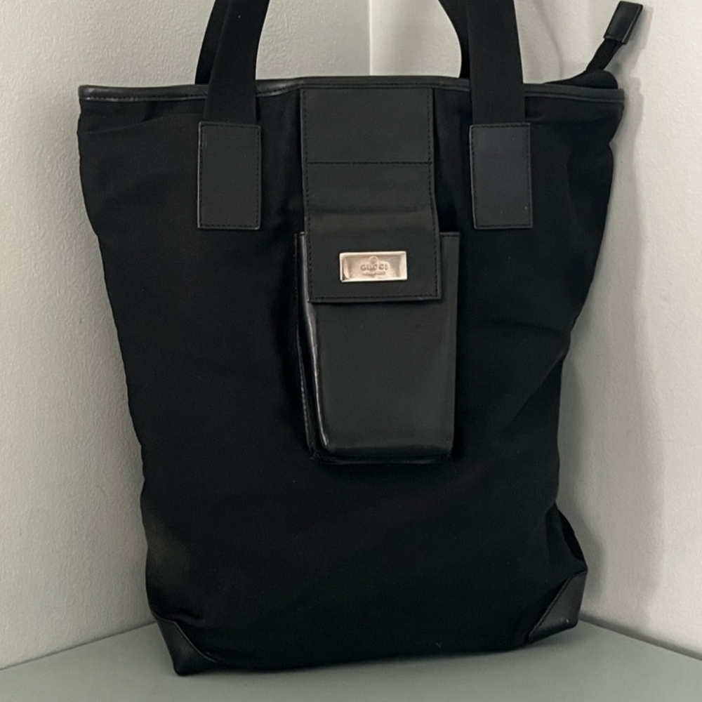 Gucci Guccissima Black Nylon Tote Leather Trim Silver Hardware 019-0373-002113